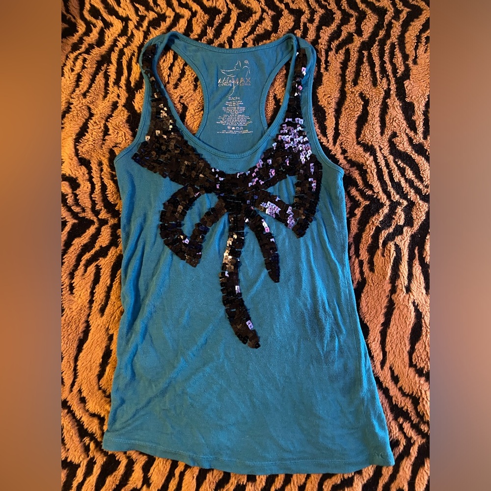 blue/turquoise tank w black sequin bow